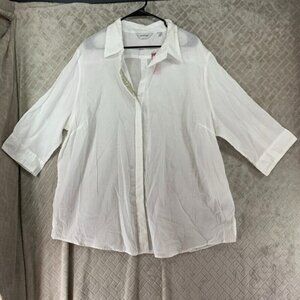 Avenue Womans 22/24 Dress Shirt White Sheer Button Up Beaded Half Sleeve